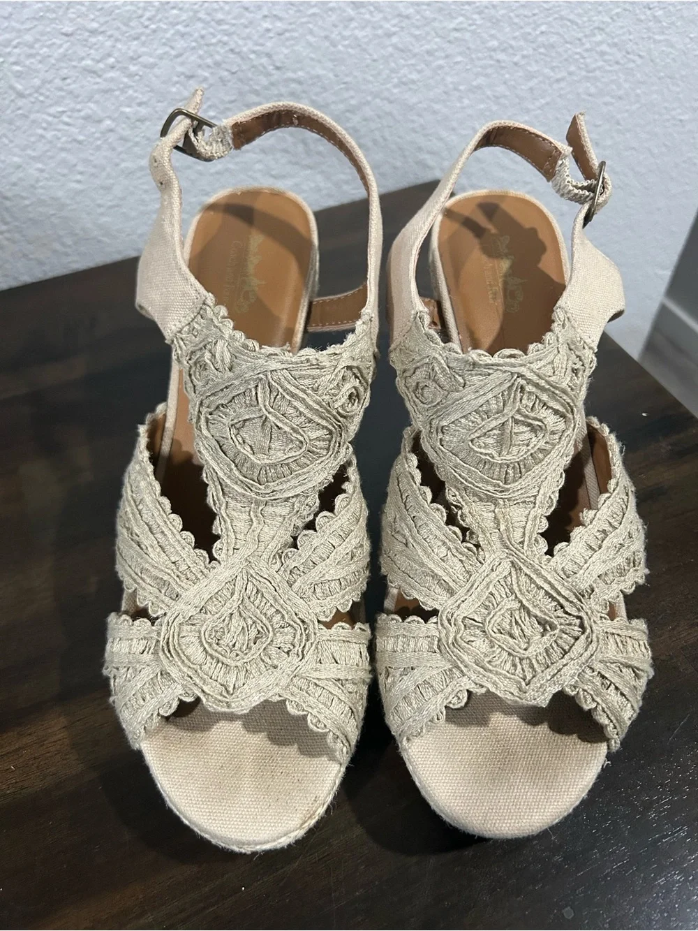 Coach Cream Crochet Espadrille Wedge Sandals with Ankle Strap